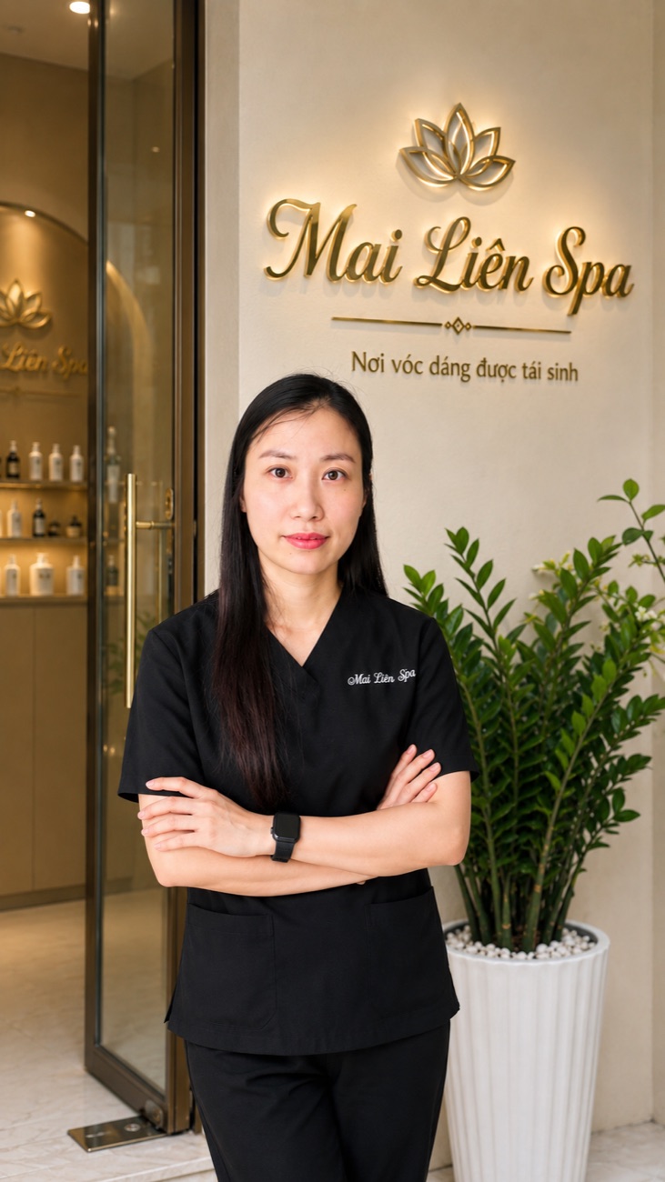 Mai Liên — người sáng lập, đứng trước Mai Liên Spa